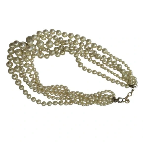 J. Crew Classic Cream Beaded faux pearl layered 5 multi strand Necklace marked - Picture 8 of 11